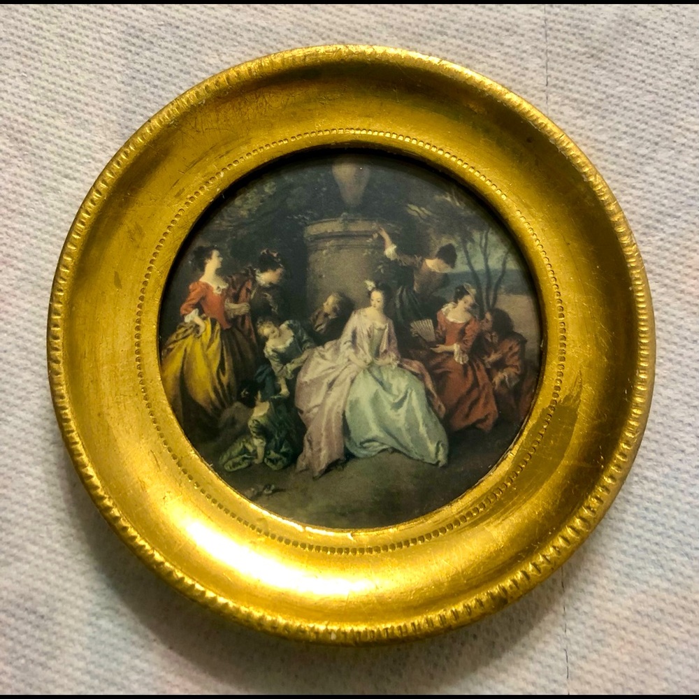 Vintage Italian Gold Gilt Round Frame of Fete Galante by Jean Baptiste Pater.